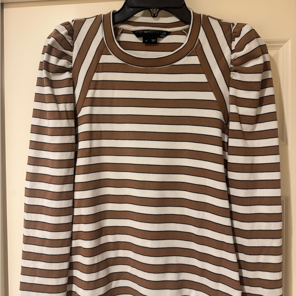 Veronica Beard Brown & White Striped Puff-Sleeve Long Sleeve Top
